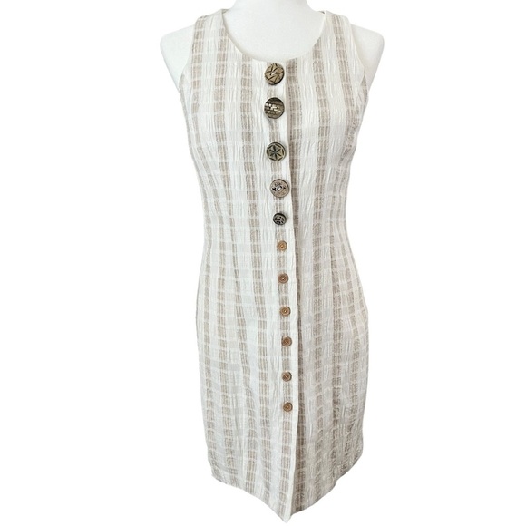 Vintage Sue Wong Small Cream Plaid Sleeveless Sheath Wood Button Down Dress - Picture 1 of 15